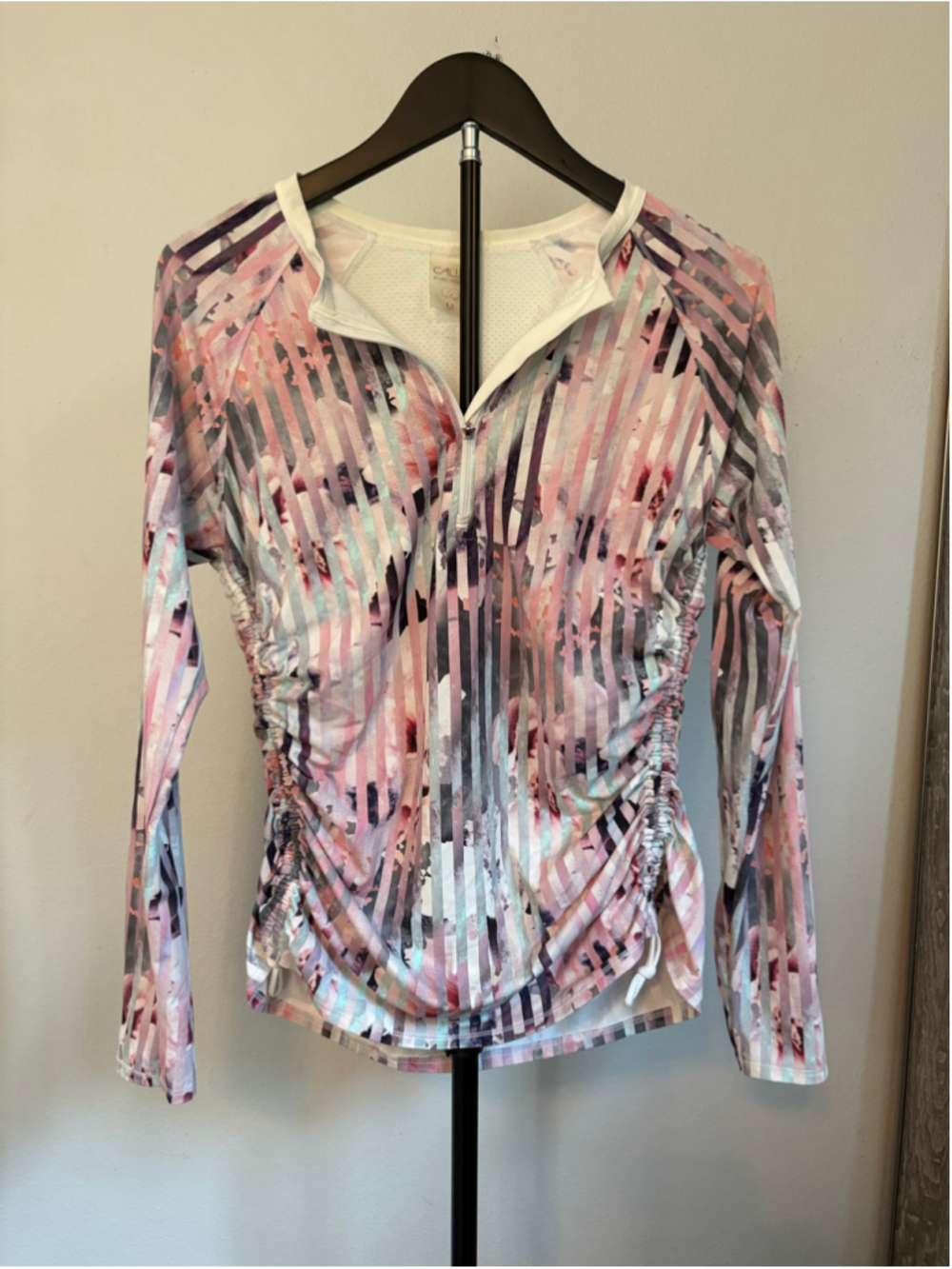 CALIA Luster Stripe Ruched Quarter Zip Pullover M EUC